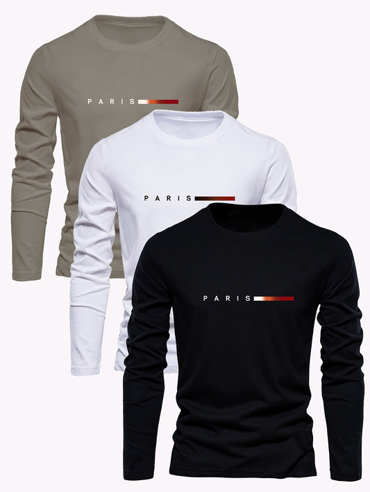 3pcs Men's 100% Cotton Long Sleeve T-Shirts - Breathable, Casual Crew Neck with Paris Print Design - Perfect for Spring/Fall